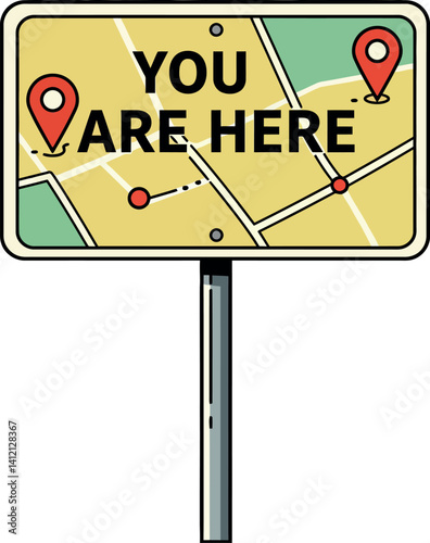 Location signpost with You Are Here message and map pins flat design vector illustration