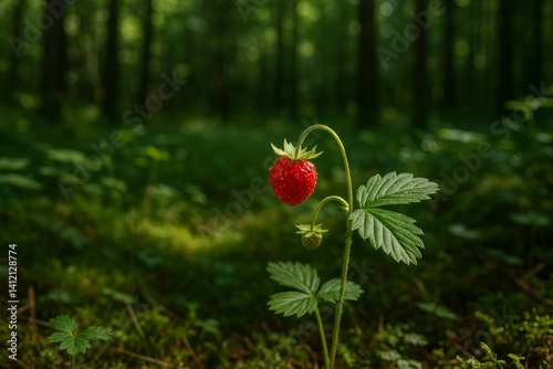 Strawberry Plant With Ripe Fruit Growing in a Lush Forest During Late Spring
