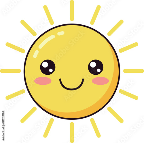 Cute smiling sun with radiant rays and blushing cheeks in flat style vector illustration
