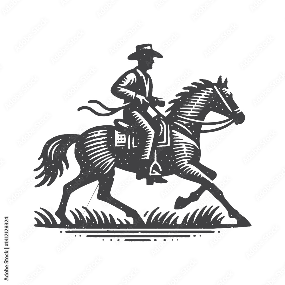 Fototapeta premium Simple Cowboy Riding Horse Vector Design – Vintage Logo & Retro Illustration