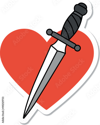 Red heart pierced by black and silver dagger flat minimal design vector illustration