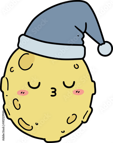 Cute sleeping moon wearing blue nightcap with closed eyes and puckered lips flat cartoon vector illustration