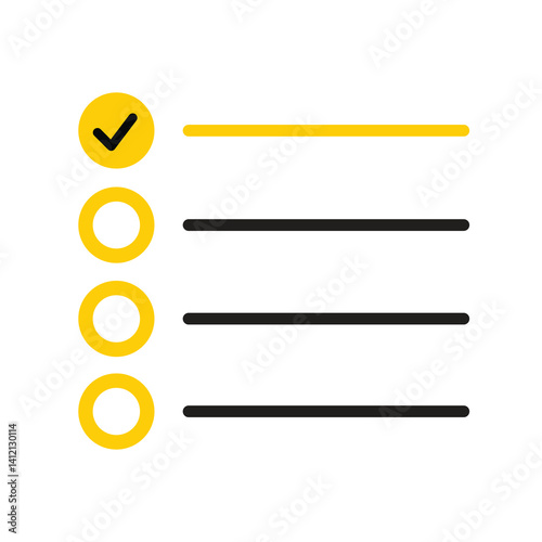 Checklist Progress Visual - Yellow Checkmarked Circle Icon Highlights Completed Task, Surrounded by Three Pending Tasks in Black - Ideal Graphic for To-Do Lists and Planning