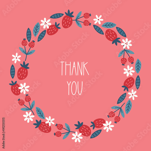 Floral greeting card with strawberries, flowers, berries, leaves on pink background. Perfect for spring holidays and decorations. Hand drawn frame, wreath