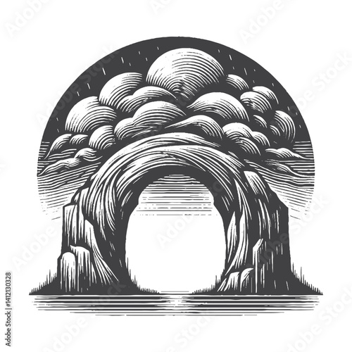 Simple Natural Arch with Storm Clouds Vector Design – Vintage Logo & Retro Illustration