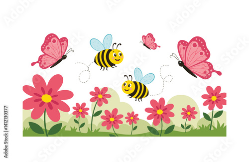 Playful bees swirl in bright garden filled with dazzling butterflies flower clusters under warm sunshine