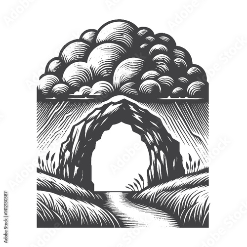 Simple Natural Arch with Storm Clouds Vector Design – Vintage Logo & Retro Illustration