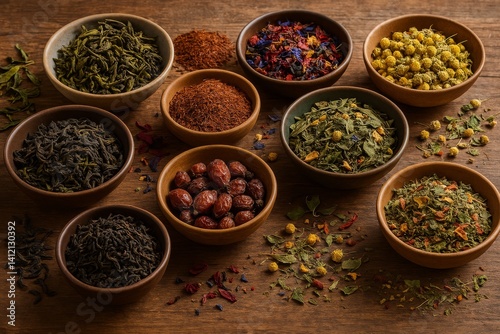 Various Herbs and Spices Arranged in Bowls on a Wooden Table in a Warm Kitche...