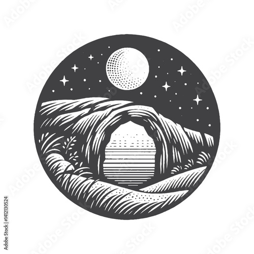 Simple Natural Arch with Moonlight Vector Design – Vintage Logo & Retro Illustration