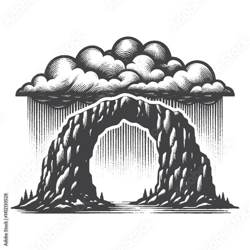 Simple Natural Arch with Storm Clouds Vector Design – Vintage Logo & Retro Illustration