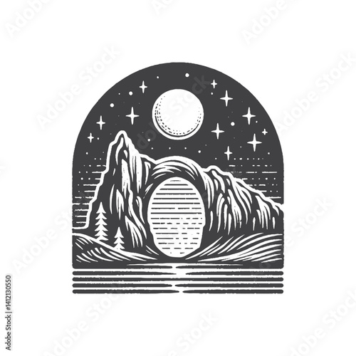 Simple Natural Arch with Moonlight Vector Design – Vintage Logo & Retro Illustration