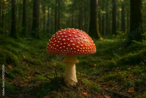 Vibrant Red Mushroom Standing out in the Serene Forest During Early Morning L...