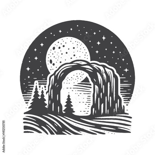 Simple Natural Arch with Moonlight Vector Design – Vintage Logo & Retro Illustration