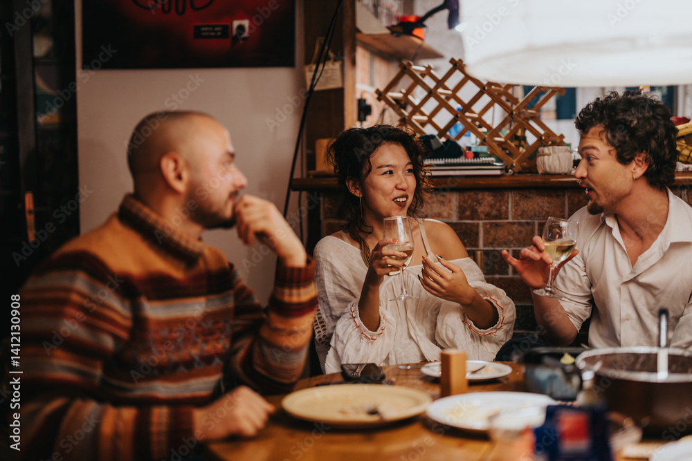 Obraz premium Three friends gather at a table, sharing wine and friendly conversations in a warm bar. Their laughter and relaxed atmosphere highlight the joy of socializing in an inviting indoor space.
