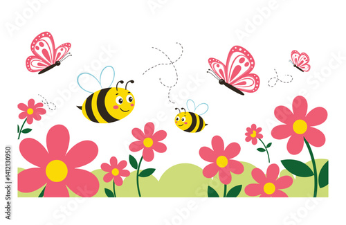 Playful bees buzz through lush bright garden surrounded by radiant butterflies flower clusters in harmony