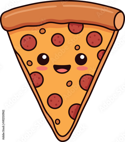 Cute smiling pepperoni pizza slice with cartoon face flat design vector illustration