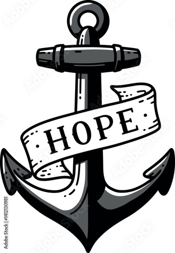 Black nautical anchor with hope banner wrapped around in detailed monochrome vector illustration