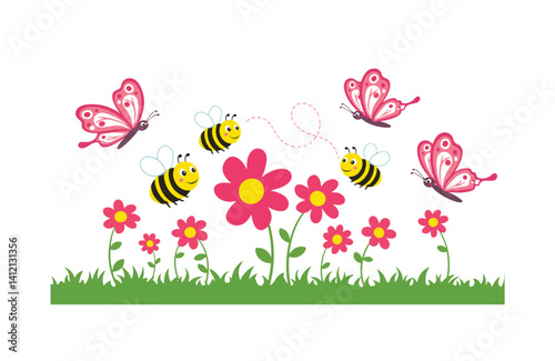 Nature’s masterpiece bright garden brimming with cheerful butterflies flower petals playful bees frolic