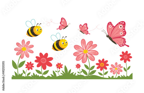 Bright garden filled with delightful fluttering butterflies flower petals playful bees hum under glowing sky