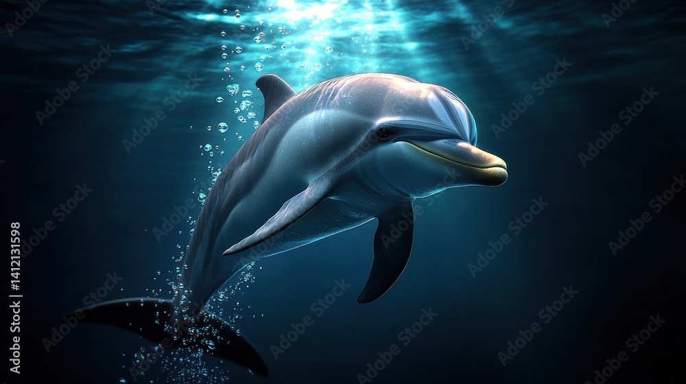 Fototapeta premium Underwater dolphin, playful, ocean, sunlight beams