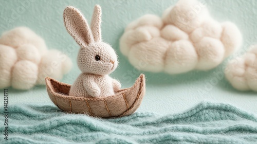 A cute, knitted bunny sits in a boat on soft waves, surrounded by fluffy clouds against a pastel backdrop.