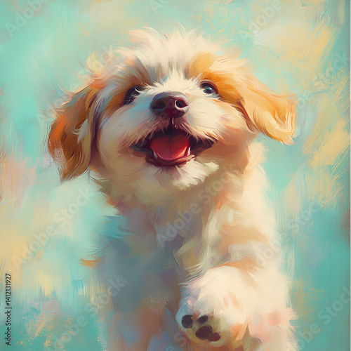 Playful puppy jumping joyfully in bright meadows captivating animal photography vibrant environment cheerful perspective