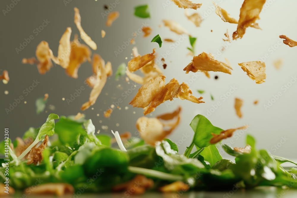 Crispy fried onions levitating over a vibrant green salad, top view, dynamic composition Crispy fried onions levitating over a vibrant green salad, top view, dynamic composition
