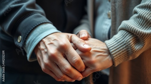 Generative AI. Extreme macro close-up of elderly European couple's hands clasped. 