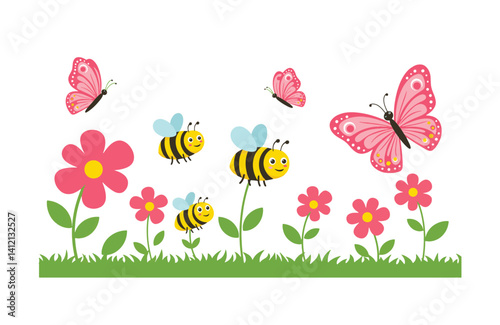 Dazzling butterflies flower clusters sway gently playful bees hum in bright garden full of spring vitality