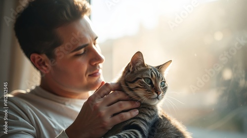 Generative AI. A man and a fluffy cat cuddle on a couch. 