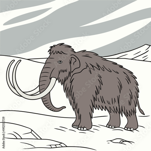 "Wooly Mammoth with massive tusks and thick fur, an iconic Ice Age creature."