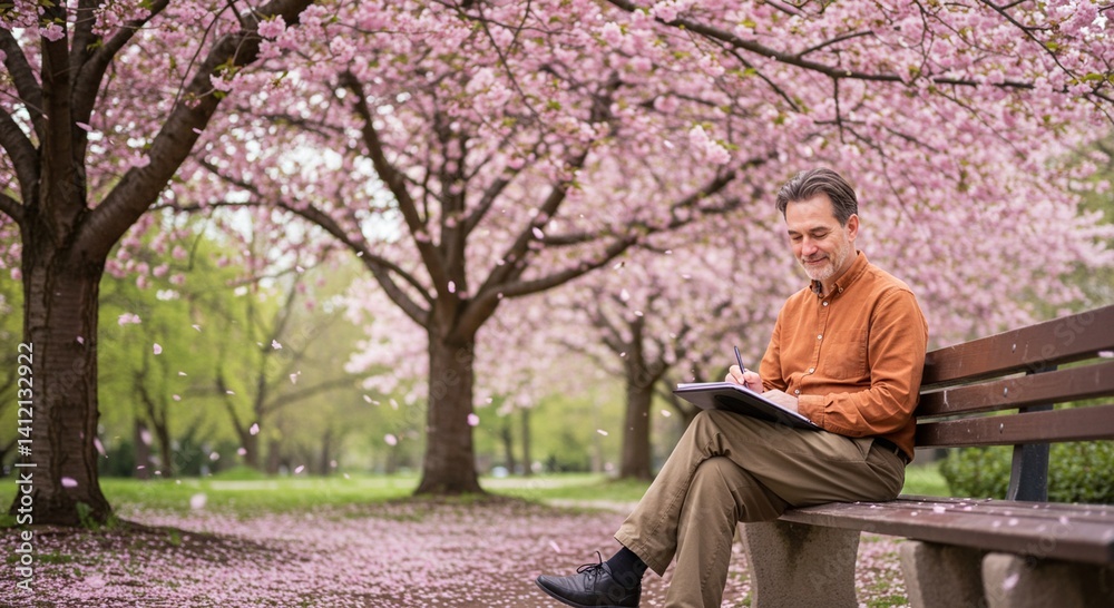 Fototapeta premium A relaxed middle-aged man with a kind expression, sitting on a bench under blooming cherry blossom trees in a quiet park. He’s holding a sketchbook, completely absorbed in drawing.
