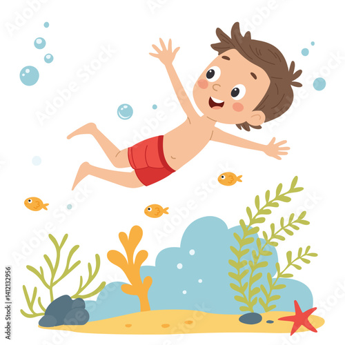Cute little boy in swimsuit and goggles swimming. Children's flat vector illustration on white background.