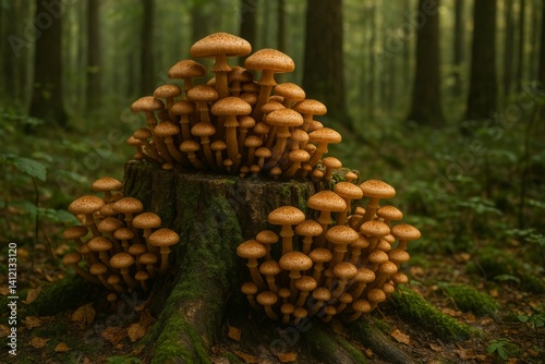 Mushrooms Growing on Tree Stump in Serene Forest During Autumn