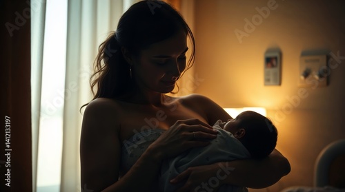 Generative AI. New mother  holding newborn in a hospital room. 