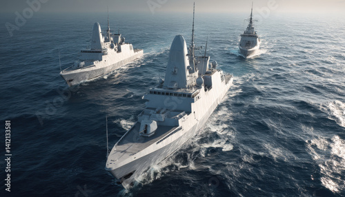 French navy warships move in formation on the water surface, showcasing their strength and coordination during a naval operation