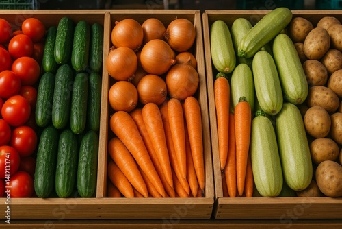 Fresh Produce Display Featuring Various Vegetables at a Local Market in Daylight