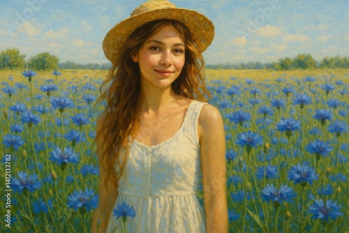 Young Woman in White Dress Stands in Blue Flower Field Under Bright Sky in Su...