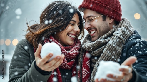 Generative AI.  A couple in love hugging under a snowfall romantic scene