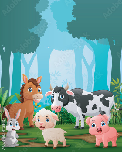 Happy animals in the forest background
