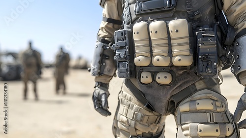 Close up view of a heavily reinforced and padded military bomb disposal suit worn by specialized personnel during dangerous ordnance handling and neutralization missions in combat environments photo