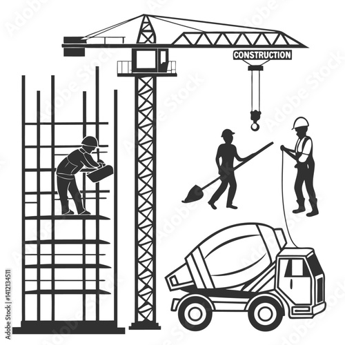  Silhouette Of Construction Workers And Equipment At A Building Site