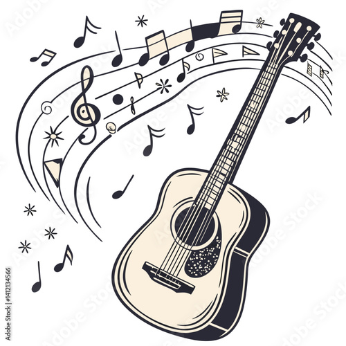 Acoustic Guitar Surrounded by Musical Notes and Sound Waves