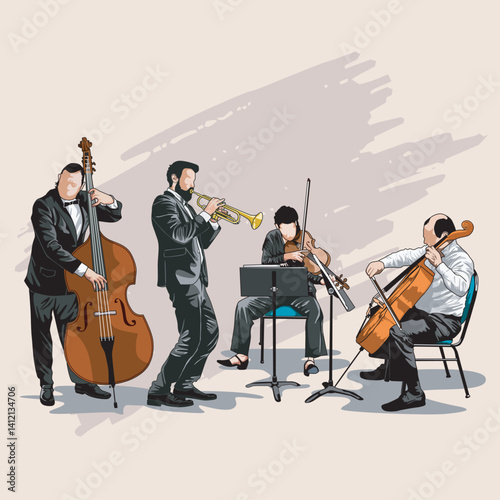 Quartet players from string and brass sections play jazz songs