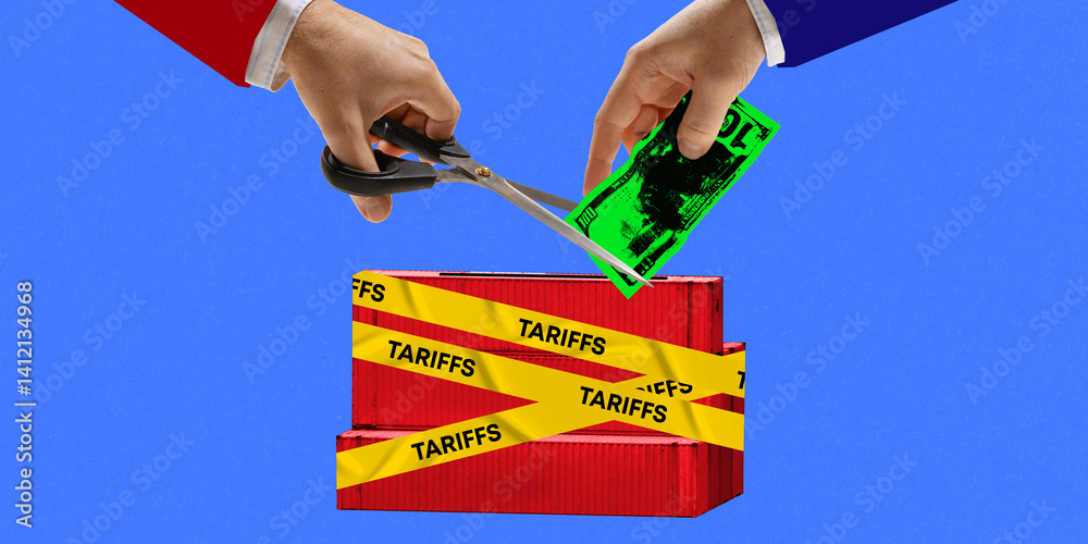 Hand cuts dollar from tariff-bound container, economic impact and fiscal disruption caused by trade restrictions and international policy shifts. Concept of trading, economy, customs and regulation