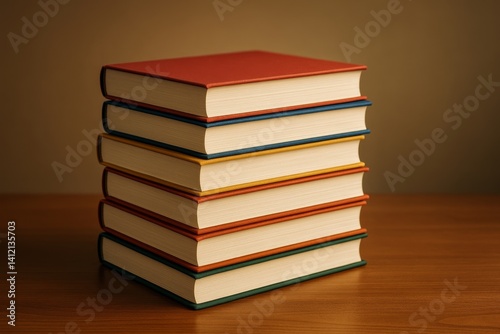 Stacked Books in Warm Tones Arranged Neatly on a Wooden Surface
