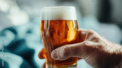 Quadro su tela An artistic depiction of a hand grasping an amber beer glass, highlighted by soft focus background elements, creating a calm and inviting atmosphere for relaxation