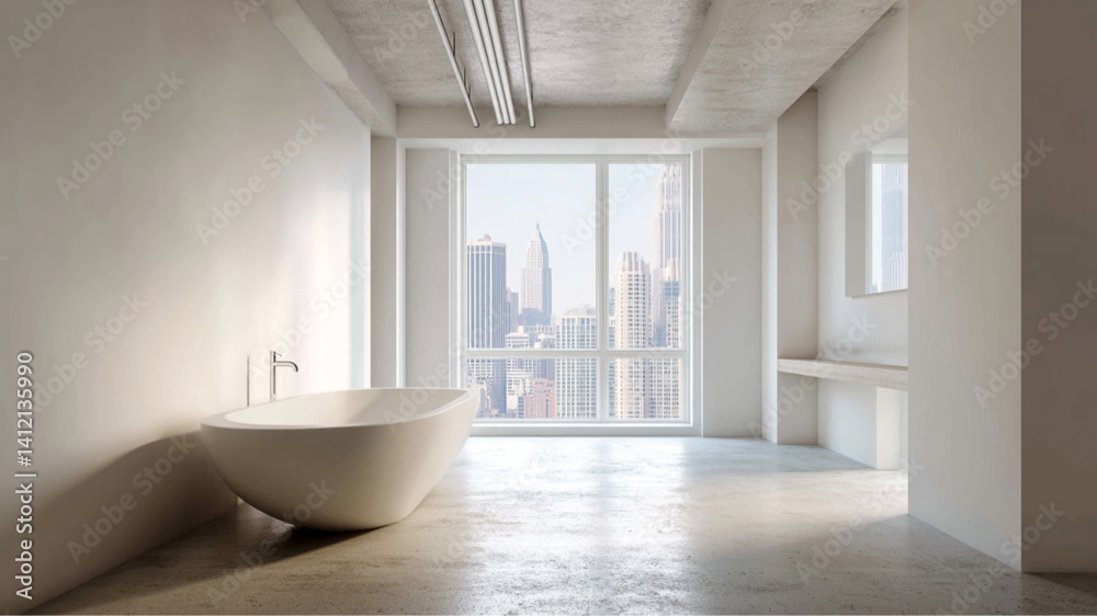 modern bathroom interior with a freestanding bathtub in center, large window, clean lines, soft netural lighting, sleek and modern design, a white wall