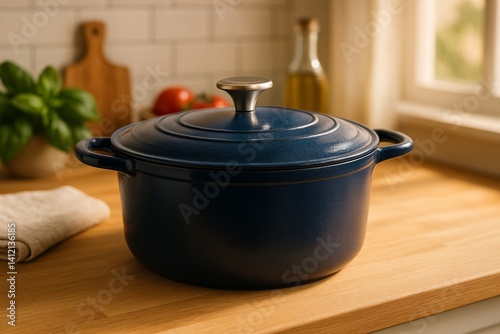 Blue Cast Iron Pot on Wooden Kitchen Counter With Fresh Ingredients and Natur...