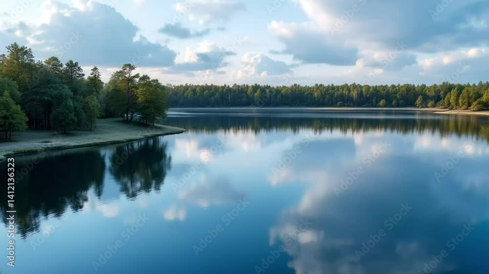 Peaceful lake surrounded by forest under blue sky with fluffy clouds, calm water with perfect reflection. Relaxation concept, real estate, wellness marketing. Peaceful lake surrounded by forest under blue sky with fluffy clouds, calm water with perfect reflection. Relaxation concept, real estate, wellness marketing.